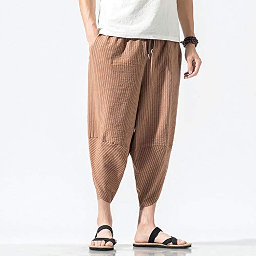 VEZAD Summer Harem Pants Men Casual Jogger Fitness Linen Loose Striped Cropped Trousers