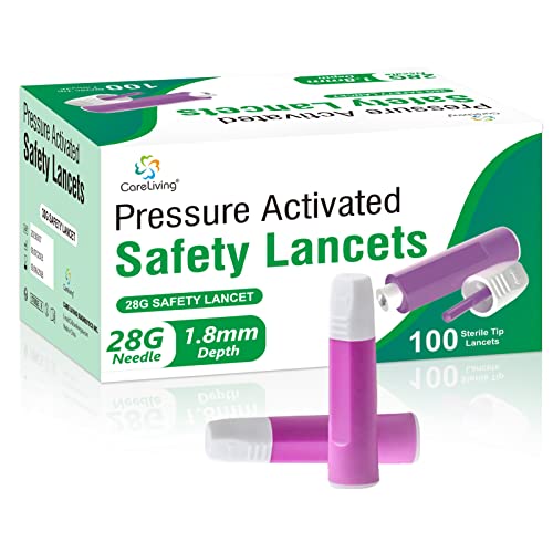 Safety Lancets, 100 Count Sterile, Pressure Activated Activation, 28 Gauge Needle, 1.8 mm,Single-Use, Gentle for Comfortable Testing