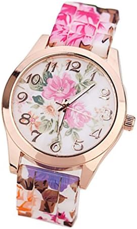 Moonuy Women Watch, Fashion Vintage Unisex Simple Fashion Number Watches Women Girl Watch Silicone Printed Flower Causal Quartz WristWatches (Hot Pink)