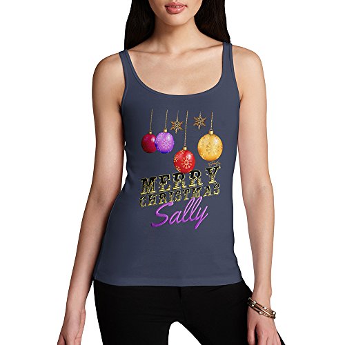 TWISTED ENVY Women's Personalised Merry Christmas Decorations Tank Top - 100% Cotton Fashion Tank Top Large Navy