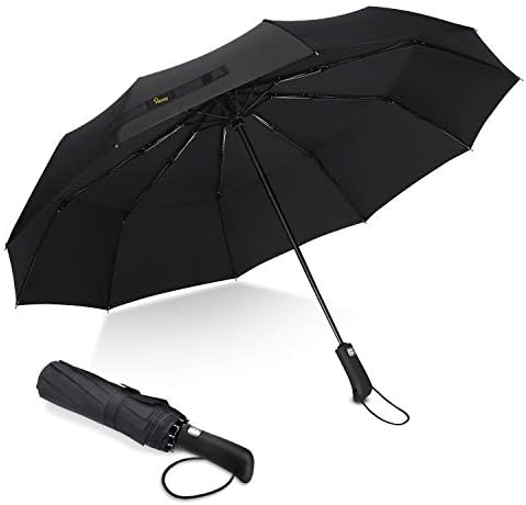 Travel Umbrella Windproof for Men and Women - Automatic Open Close, 10 Ribs, with Teflon Coating and Ergonomic Handle - Sturdy Compact Portable but Large Enough to Cover 2 People (Black)