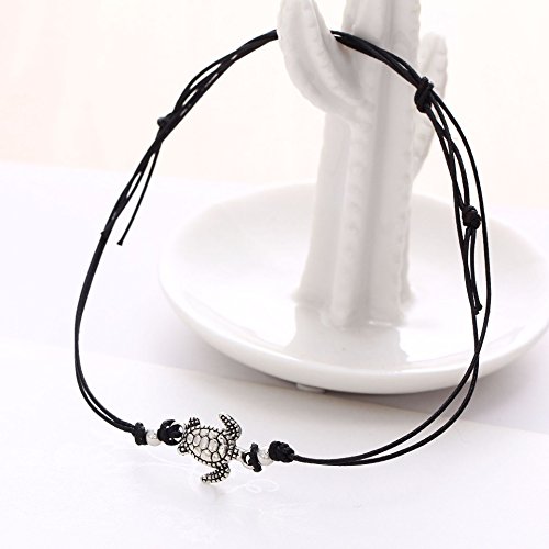 Auch Turtle Anklets for Women, Set of 3 Vintage Turtle Waxrope Anklets, Blue Black Beige