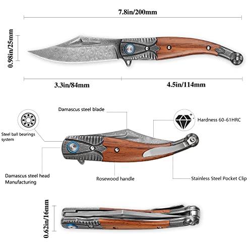 MINOWE Folding pocket Knife 3.9" Damascus Steel Blade with metal pocket