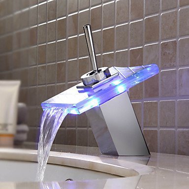 YAJO Modern Single Handle 360 Degree Rotating Lever Bathroom Glass Spout LED Color Changing Vessel Sink Faucet, Chrome