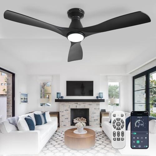 Depuley 52 Inch Ceiling Fans with Lights: Low Profile Recessed Black Ceiling Fan - Silent and Dimmable DC Motor Fan with Remote Control APP Timer