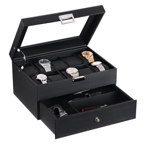 BEWISHOME Watch Box Organizer with Valet Drawer - Real Glass Top, Metal Hinge, Large Holder, Black PU Leather - 10 Slots Watch Storage Case Jewelry Box for Men SSH14