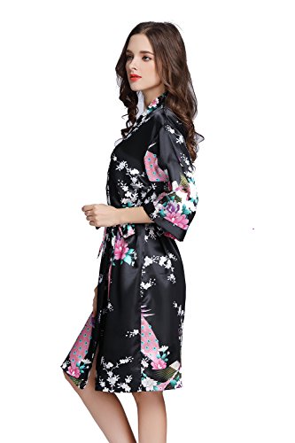 Amzchoice Women's Short Sleeve Kimono Robe Peacock & Blossoms for Spa, Wedding Bridal and Bridesmaid (M, Black)