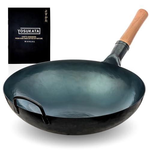 YOSUKATA Professional Wok Pan 36 cm – Traditional Wok Round Bottom in Preconditioned Carbon Steel – Original Chinese Wok – Large Wok – Gas and Open Fire Compatible (Blue)