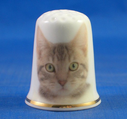 Porcelain China Thimble -- Silver Tabby Cat