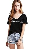 Romastory Womens Sexy V-neck T-shirt Letters Printed Short-sleeved Tops Tee Shirts (S, Black)