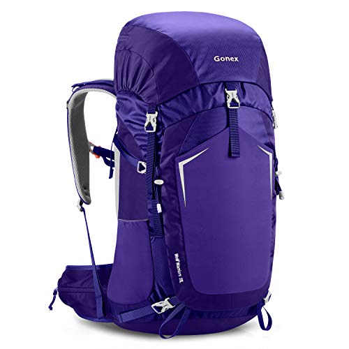 Gonex 55L Hiking Internal Frame Backpack Outdoor Backpacking Camping Trekking Climbing Backpack with Rain Cover for Men Women Bluish Purple