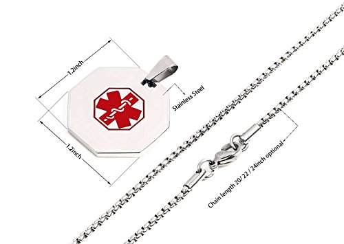 BAIYI Medical Alert ID Necklace Stainless Steel Dog Tag Octagon Pendant Chain 20in for Men Women Free Engraving
