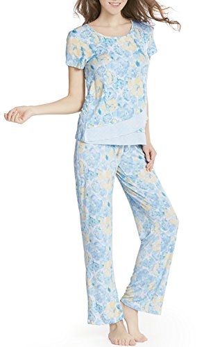 Women Pajamas Set - Lounge Pajamas for Women, Print Pattern Shortsleeve Tee and Long Pants Set, Bloom M