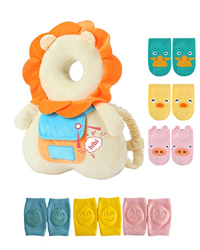 JunNeng Baby Head Protector Backpack with Squeaker, Knee Pads, Anti-Slip Socks, Yellow Lion Sets
