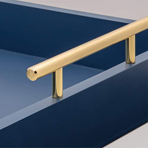 Esther Decorative Coffee Table Tray Navy Blue Wood Serving Tray for Ottoman, Polished Gold