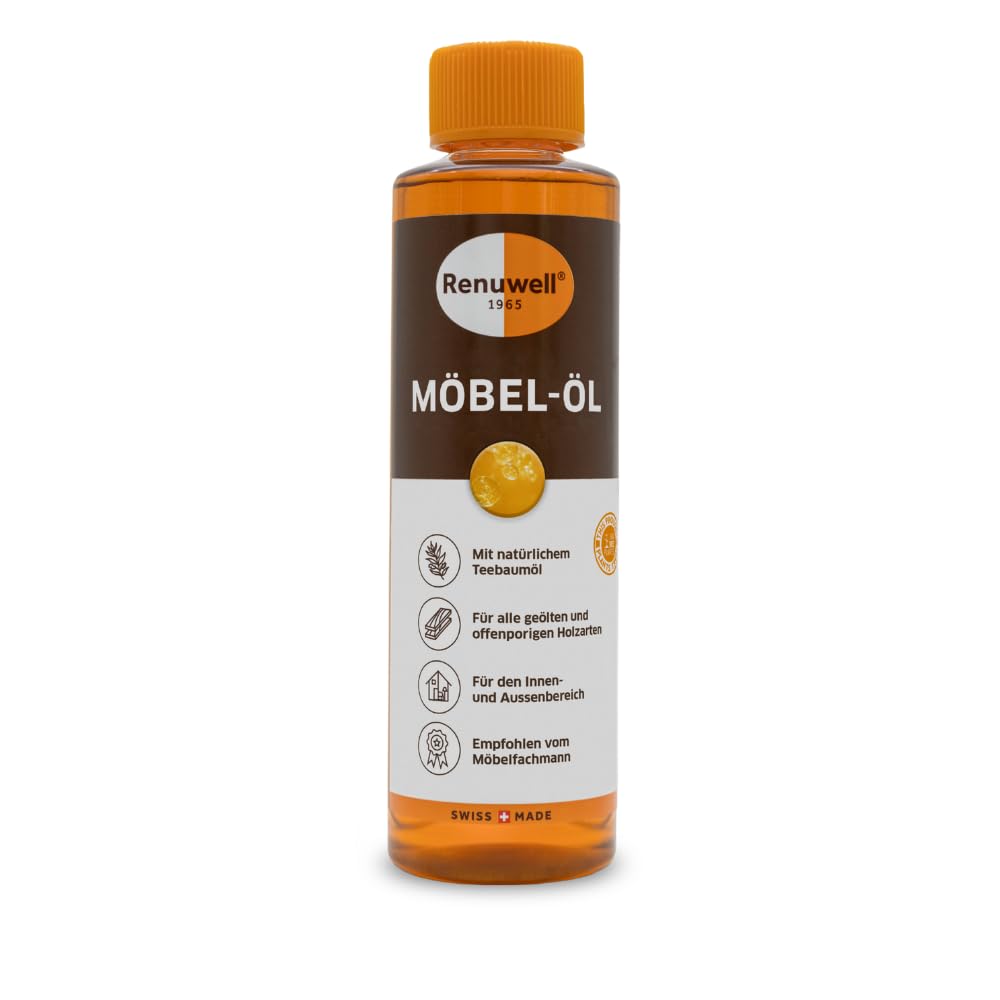 Renuwell Möbel-Öl Leinöl-Firnis, 270 ml – Natürliches Pflegeöl für Holz mit Leinöl und Teebaumöl, Schutz für geölte und unbehandelte Holzoberflächen in Schweizer Qualität