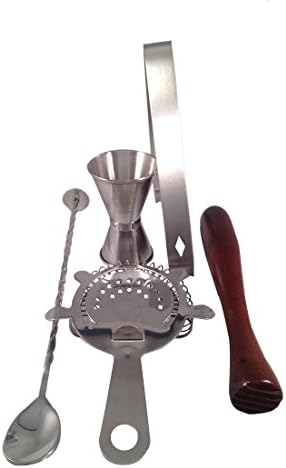On The Rox 5 Piece Cocktail Mixing Accessory Set with Spoon, Strainer, Jigger, Tongs, and Muddler