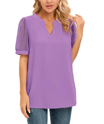 NILOUFO WOMENS SUMMER CASUAL SHIRTS SHORT SLEEVE TOPS NOTCH V NECK BLOUSES TRENDY TUNIC(B:LIGHT PURPLE, SMALL)
