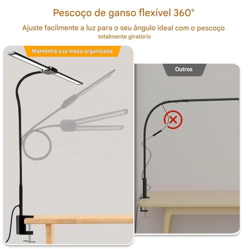 Luminaria de Mesa LED para Escritório e Casa, 5 Cores de Luz, 10 Níveis de Escurecimento, Proteção para os Olhos, USB, para Leitura e Estud