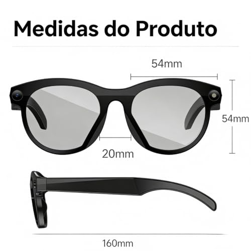 Óculos inteligentes equipados com inteligência artificial, Bluetooth, tradução instantânea, câmera de 2 milhões de pixels, reprodução de música e função de chamada em viva-voz. (Preto)