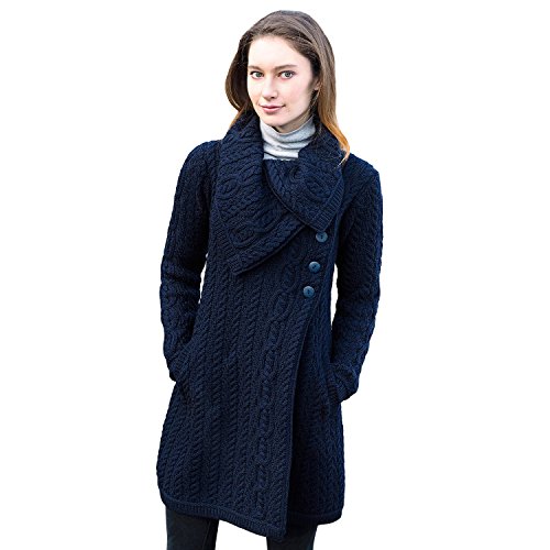 Ladies 100% Irish Merino Wool Chunky Collar Buttoned Aran Coat by West End Knitwear Medium Navy