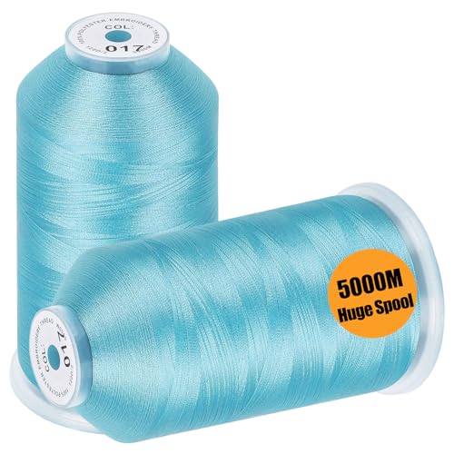 New brothread - 2 Huge Spools 5000M Each Polyester Embroidery Machine Thread 40WT for Commercial and Domestic Machines - Light Blue