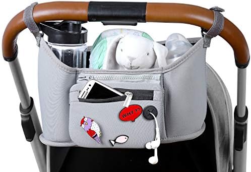 Stroller Organizer with 2 Deep Cup Holders - Extra Large Storage Space with Room for All Baby’s Stuff- Detachable Wallet Pouch for Cell Phone and More- Bonus Decorative Bag Pin -Gray