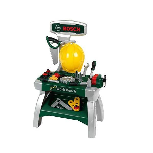 Theo Klein 8612 Bosch Werkbank Junior 2+ | Inkl. Helm, Schraubstock, Werkzeugen, Latten, Nägel, Schrauben und Muttern | Maße: 49 cm x 29 cm x 71 cm | Spielzeug für Kinder ab 2 Jahren