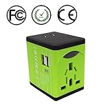 AllEasy International Travel Power Adapter with Dual USB Charging Port and Worldwide AC Wall Outlet Plugs for Asia/ UK/ USA/ Europe/ Australia - Green