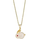 OIDIMS Dainty Rabbit Pendant Necklace for Women Crystal Artificial Jade Cute Bunny Animal Adjustable Choker Chain Necklaces Gold-Tone Plated Delicate Lovely Easter Birthday Holiday Jewelry Gift