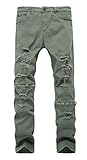 Men's Army Green Ripped Distressed Destroyed Skinny Fit Jeans Pants with Holes