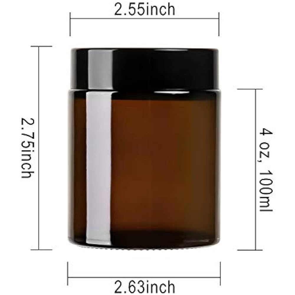 12Pack Of 4 Oz Amber Round Glass Jars, With Inner Liners And Black Lids