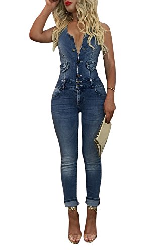 Imily Bela Women's Sleeveless Button-Down Denim Jumpsuit Skinny Jeans