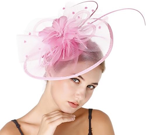 HNBQMX Sinamay Fascinator Hat Cocktail Headwear For Brridal Headpiece With Veil (Pink)