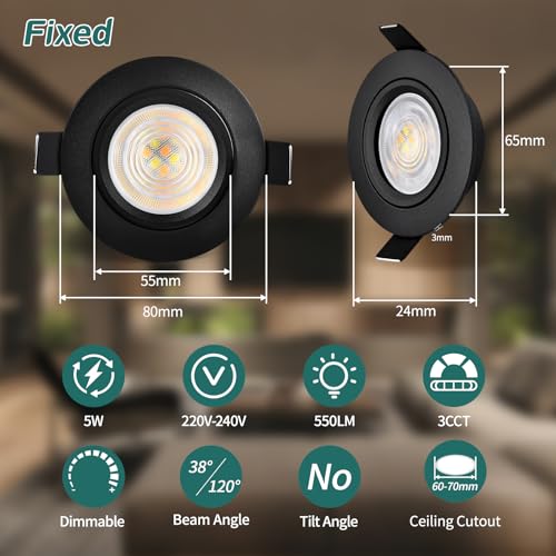 KYOTECH 3CCT Recessed LED Spotlights for Drywall Dimmable 60-70 mm, 5W 550LM 230V Recessed Spotlight, Ultra Slim, IP44 Recessed Spotlights for Bathroom, Set of 6 Black