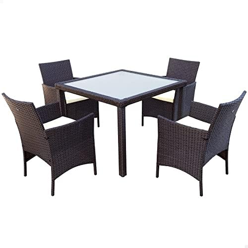 61073 - Conjunto mesa y sillas jardín ratán, Mesa y sillas terraza incluye 4 sillas jardín exterior y 1 mesa exterior 100x75cm, Muebles para jardín y terraza, Multicolor