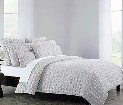 Indigo Collection Solid Light Gray 3pc Duvet Set Textured Ruched Seerstucker Style Squares Farmhouse Pattern 100% Cotton Comforter Quilt Cover with Shams (Full/Queen)