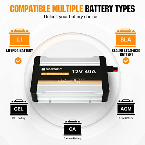 ECO-WORTHY 12V 40A DC to DC Battery Charger with MPPT On-Board Solar Battery Charger Lithium LiFePO4 Battery Gel AGM, Multi-Stage Charging for Solar Panel Alternator in RVs Trailer