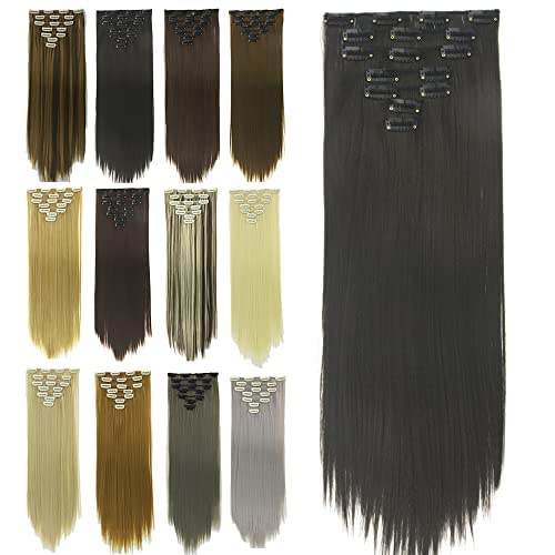 IMISSU 24 Inch 7PCS Set Long Straight Clip in Hair Extensions Natural Full Head Hair Extension Hairpiece for Women 120g (Black Brown)