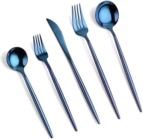Silverware blue Flatware Sets,Polished Olive Handle Cutlery Tableware Include Spoon Fork Knife Titanium Plats Utensils Service for 4,Dishwasher Safe (BLUE)