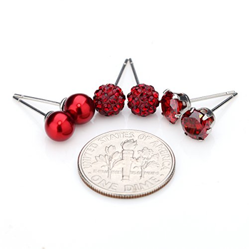 JewelrieShop 3 Pairs Stud Earrings Set for women girls Cubic Zirconia Rhinestones Faux Pearl, Birthstone, Hypoallergenic, Stainless Steel Earrings Pin - Deep Red (Jan.)