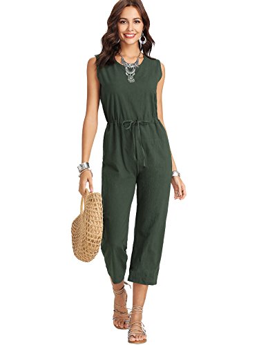 Romwe Women's Casual Solid Jumpsuit Drawstring Waist Sleeveless Romper Army-Green L