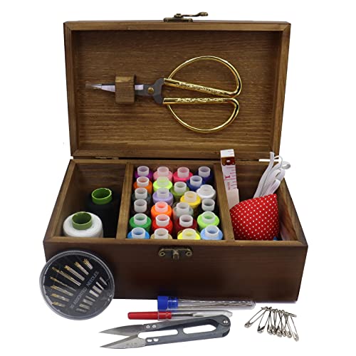 Flytreal Sewing Kit Box Basket, Wooden Hand Home Sewing Repair Tool Kit, Beginner Universal Sew