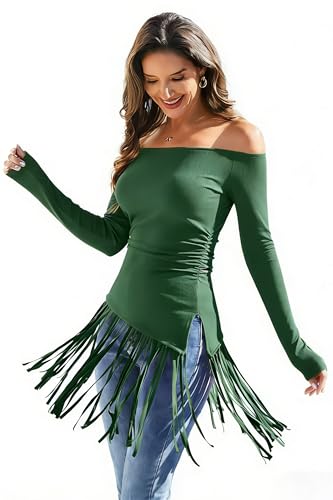 KWSTAIN Western Outfit for Women Green St. Patrick's Casual Boho One Shoulder Slim Fit Irregular Fringes Hem Cowgirl Rodeo Tee Clubwear Shirts Blouses (Green,S) at Amazon