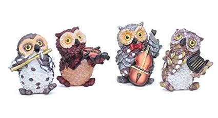 Tied Ribbons Owl Playing Musical Instruments Resin Showpiece (7.01 cm x 5.01 cm x 8.99 cm, Set of 4) (Multicolour)