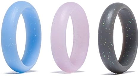 Camknn Women’s Silicone Wedding Ring Bands –5mm Wide(2mm Thick)- Set of 3 for Women Glitter Flexible Comfort Sport Safety Ring (Blue Lightpink Gray, 7)