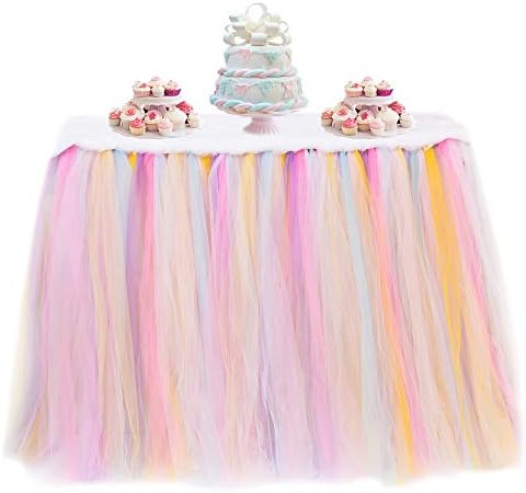 NIETING N&T Handmade Rainbow Tutu Tulle Table Skirt, Unicorn Table Skirt Cover for Girl Princess Birthday Party Supplies Baby Shower Wedding Home Decorations, 120-150cm L'x 80cm H' (Rainbow Skirt)