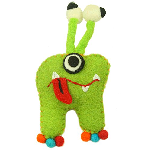 Global Crafts Green Felt Tooth Fairy Monster Pillow with Pouch and a Eyeball Design - Handmade in Nepal