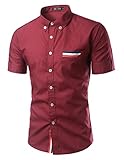 Mada Mens Casual Short Sleeve Dress Shirt Solid Color Slim Fit Shirts  Wine Red,Asian XX-Large/US Medium