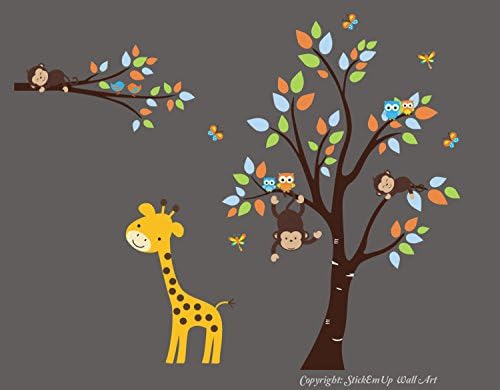 Tall Giraffe Wall Decal - Monkey Wall Decal - Large Tree Decal - Safari Wall Decals - Jungle Animal Wall Stickers - Fabric Wall Decals - Baby Decals